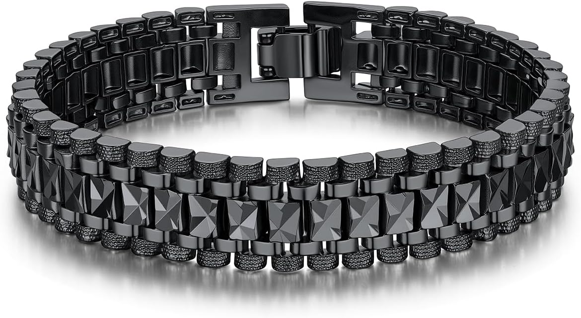 U7 Link Bracelets for Men, Cuban Link/Rope/Watch Band Solid Bracelet, Silver Black Gold Color Wrist Bracelet 3/6/9/12/15mm Width, 6.5/7.5/8.3 Inch Length, Hand Chain Jewelry for Mens Women