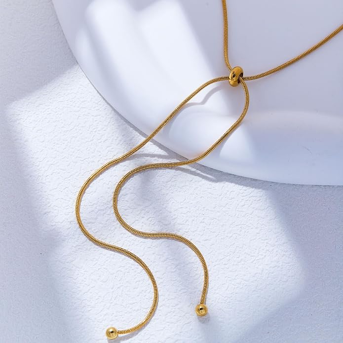 18k Gold Long Necklace for Women Dainty Snake Chain Bolo Adjustable Minimalist Round Bead Jewelry Trendy Simple Aesthetic Gifts for Her