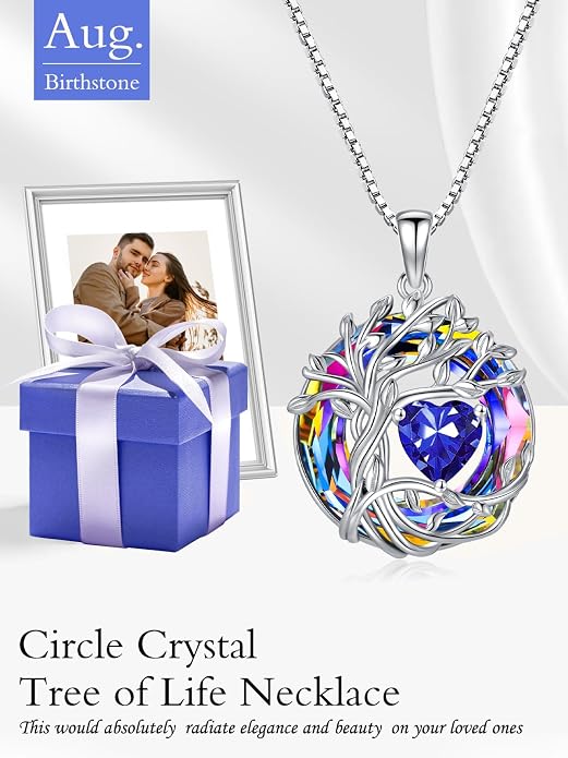 TOUPOP Tree of Life Birthstone Necklace Sterling Silver Pendant Birthstone Necklaces with Blue Crystal Anniversary Birthday Jewelry for Women Mom Wife Her