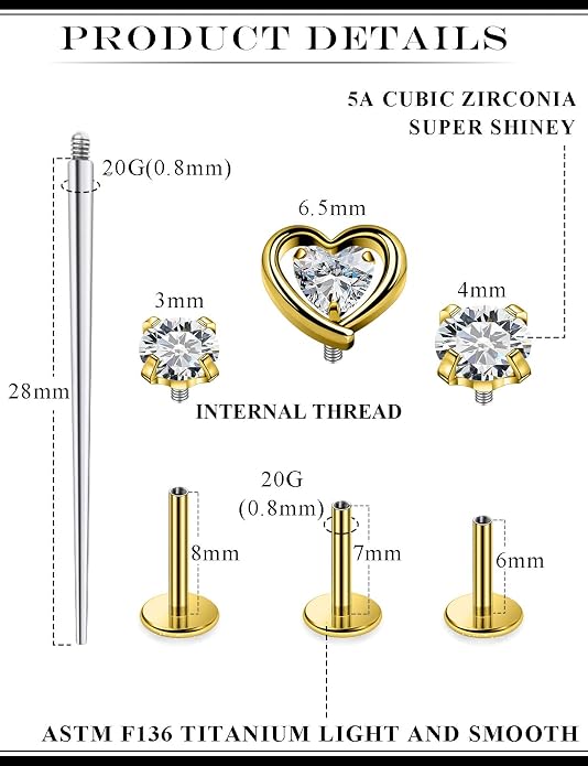 20G 18G 16G Astm F136 Titanium Internal Thread Flat Back Earrings Nose Studs Tragus Forward Helix Conch Cartilage Lobe Earring Stud Medusa Labret Monroe Lip Ring Piercing Jewelry For Women Men