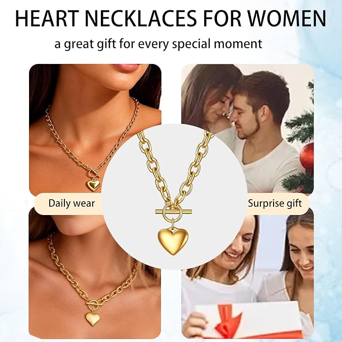 18k Gold/Silver Plated Tiny Heart Chain Link Necklace for Women Dainty Heart Pendant Chain Necklace Chunky Paperclip Choker Necklace for Women Trendy Jewelry Valentines Day Gifts for Women(s)