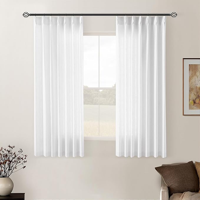 Snow White Short Pinch Pleat Linen Curtains 45 Inch Length 2 Panels Set | for Small Kitchen Windows, Rustic Country Linen, Light Filtering Privacy Semi Sheer, Pinch Pleated Back Tab Curtains, 40x45