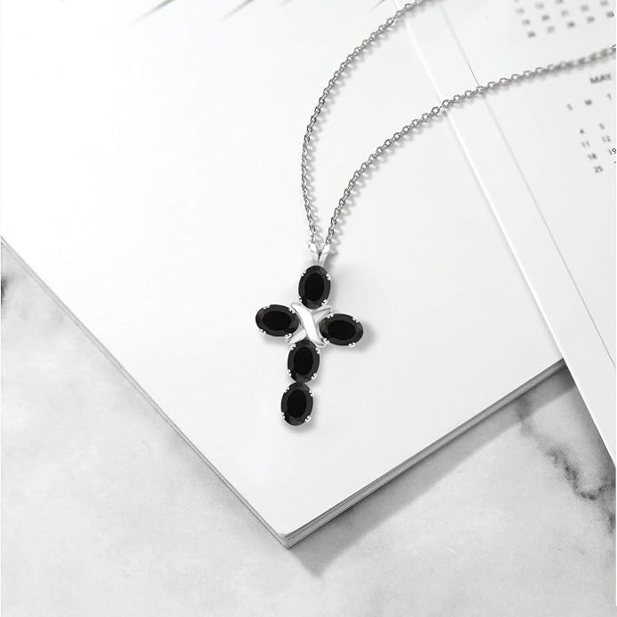 Gem Stone King Cross Pendant Necklace for Women | 925 Sterling Silver | 6X4MM Gemstone Birthstone | Jesus Christian Religious Crucifix Jewelry Gifts | 18 Inch Chain