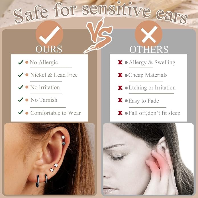 Jstyle Hypoallergenic Flat Back Stud Earrings for Women Men Surgical Stainless Steel Earrings for Sensitive Ears Small Stud Hoop Silver Gold Black Earrings Cartilage Earring Set for Multiple Piercing