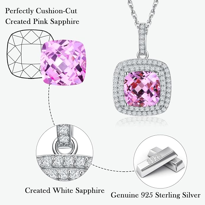 Birthstone Necklace for Women 925 Sterling Silver Cushion/Pear Cut Created Gemstone Halo Pendant Necklace Birthstone Jewelry