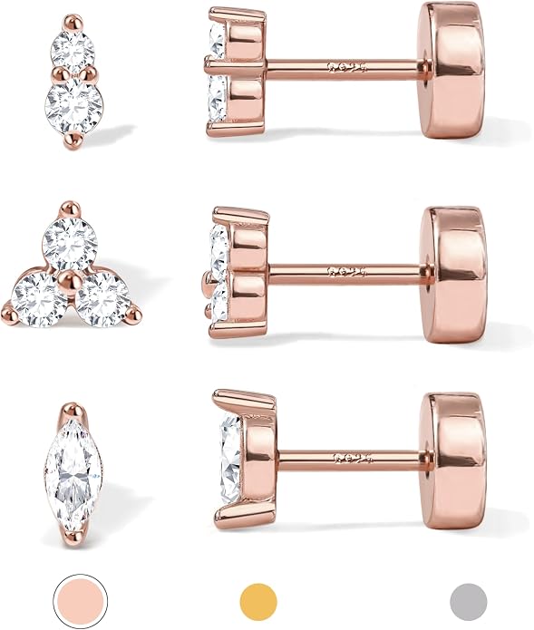 14K Gold Plated Solid 925 Sterling Silver Post Flat Back Earrings Stud | Cartilage Helix Conch Tragus Piercing Jewelry 3 Pairs Tiny Screw Dainty CZ Opal Earring Set Men Women