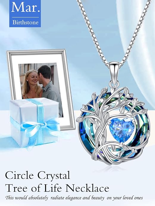 TOUPOP Tree of Life Birthstone Necklace Sterling Silver Pendant Birthstone Necklaces with Blue Crystal Anniversary Birthday Jewelry for Women Mom Wife Her