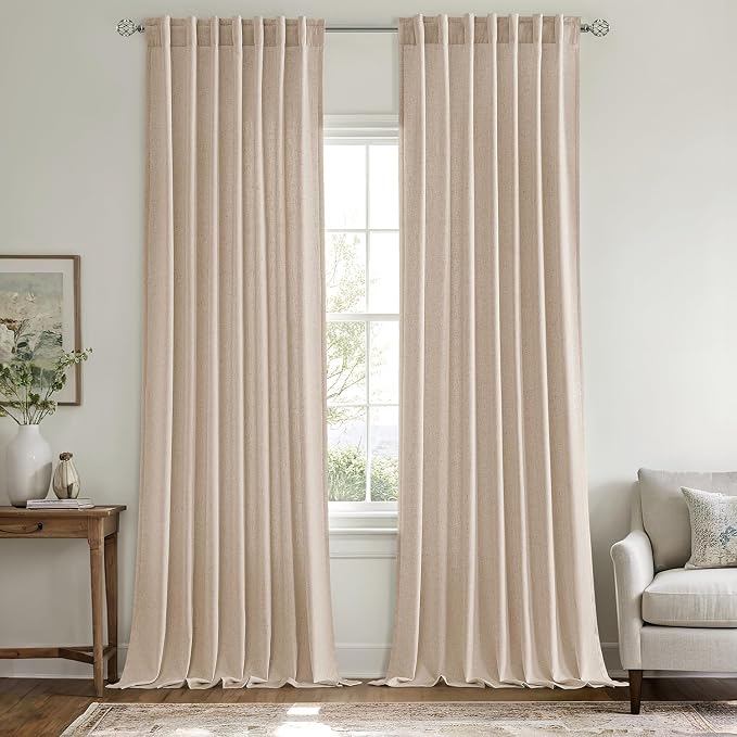 MIULEE Non-See-Through Privacy Linen Curtains 52W x 96L Inch Beige | 2 Panels, Light Filtering, Semi Sheer Window Curtains, Farmhouse Textured, Back Tab Drapes for Bedroom Living Room