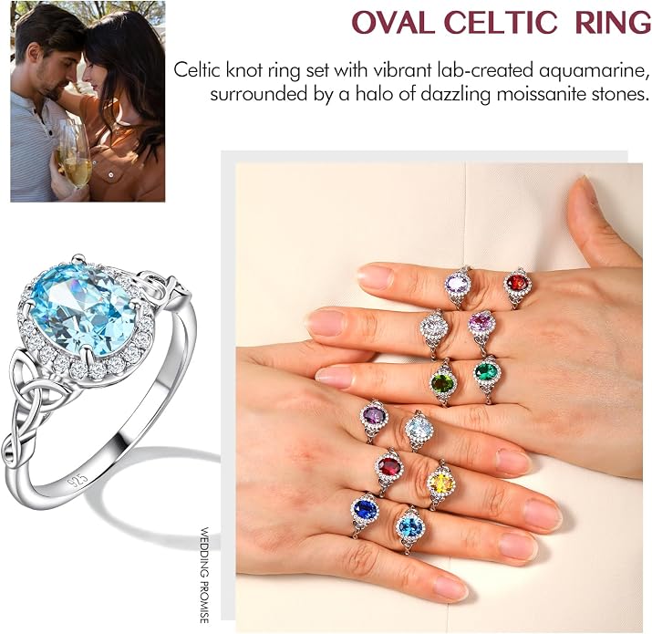 DAYBYDAY Celtic Birthstone Rings for Women 925 Sterling Silver Heart/Round/Pear/Oval Created Gemstone Moissanite Halo Engagement Promise Rings for Her Wife Birthday Anniversary Wedding Jewelry