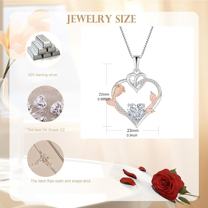 Rose Heart Necklaces for Women - 925 Sterling Silver Gold Rose Birthstone Pendant Jewelry for Girlfriend Daughter - Anniversary Birthday Christmas Valentines Day Mother’s Day Jewelry Gifts for Women Wife Her Girls Mom