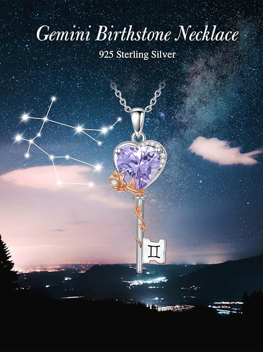 OCJ Zodiac Necklace for Women 925 Sterling Silver Rose Flower Key Pendant Necklaces Zodiac Birthstone Jewelry Wife Birthday Anniversary Christmas Gifts for Her