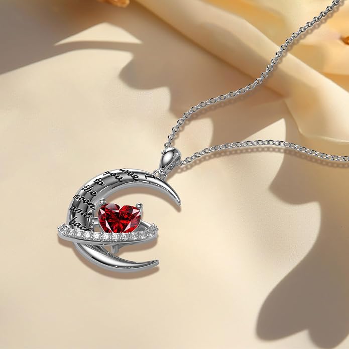 Distance I Love You to The Moon and Back Necklace for Women, S925 Sterling Silver Forever Love Heart Birthstone Necklace, Anniversary Birthday Jewelry for Wife Lover