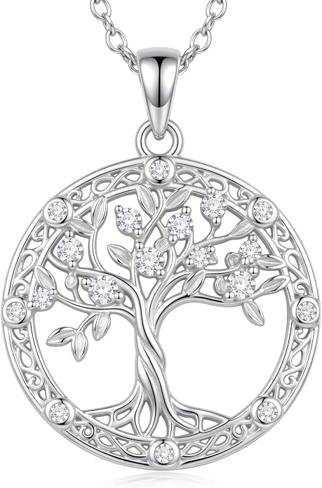 Tree of Life Birthstone Necklace 925 Sterling Silver Crystal Tree of Life Pendant Birthstone Jewelry Birthday Christmas Gifts for Women Mom Her Wife