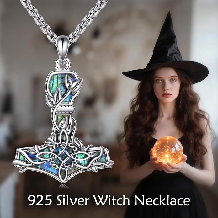 Thors Hammer Witches Knot Necklace Sterling Silver Celtic Witches Mjolnir Pendant Celtic Knot Viking Jewelry for Women Men