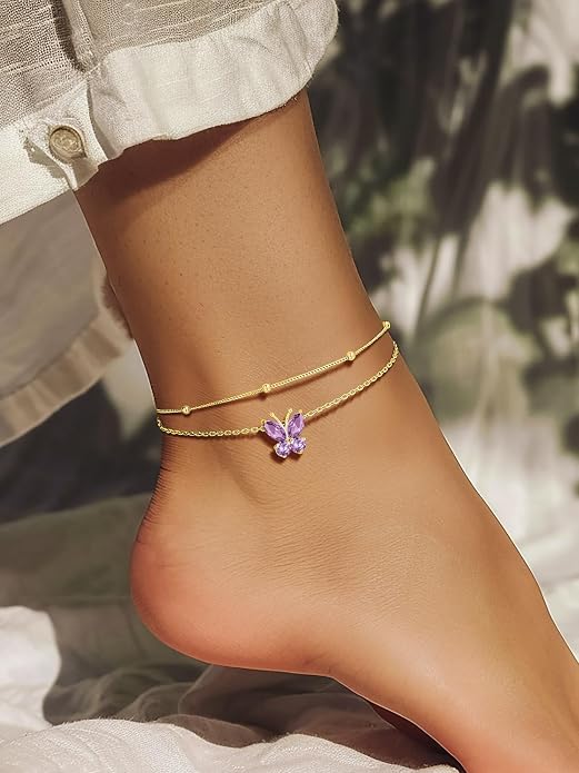Richsteel Double Layer Heart/Butterfly Birthstone Anklet for Women Non Tarnish Waterproof, Silver/Gold/Black Stainless Steel 8.5-10.5 Inch Adjustable Chain Anklets Jewelry Gifts for Her