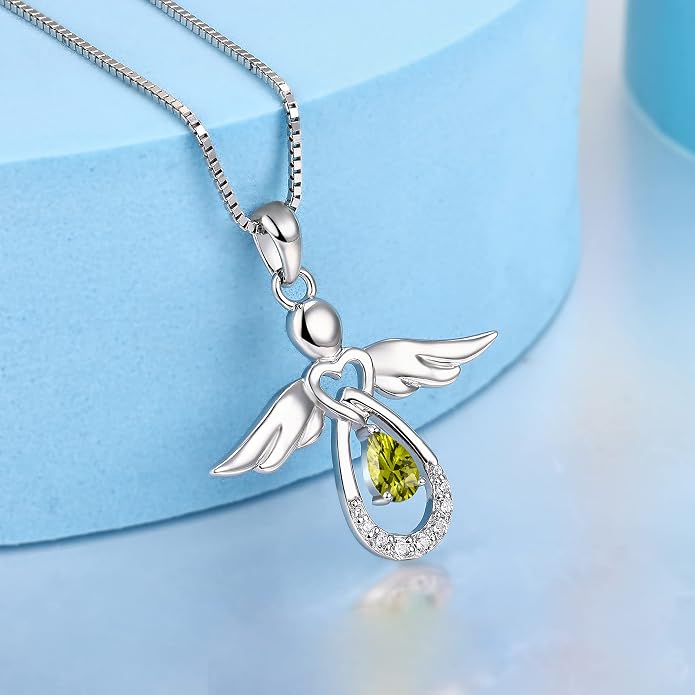 FJ Guardian Angel Necklace 925 Sterling Silver Birthstone Pendant Angel Jewelry Gifts for Women