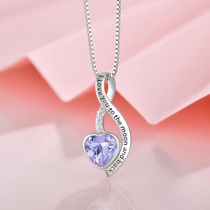 I Love You to The Moon and Back Necklace for Women, 925 Sterling Silver Heart Birthstone Pendant Necklace Jewelry Anniversary Birthday Gifts for Girls Women Wife Mom Daughter