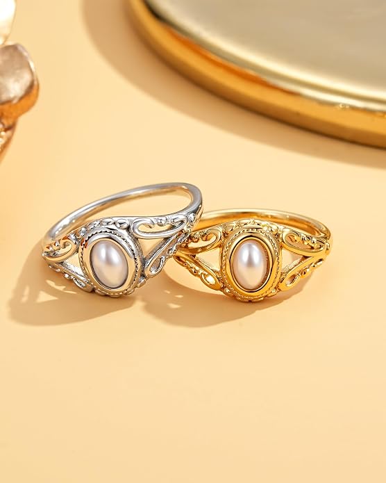 YeGieonr Non Tarnish Gold Signet Rings for Women - Waterproof 18K Gold Plated Stainless Steel Pearl Ring, Statement Ring for Everyday Wear