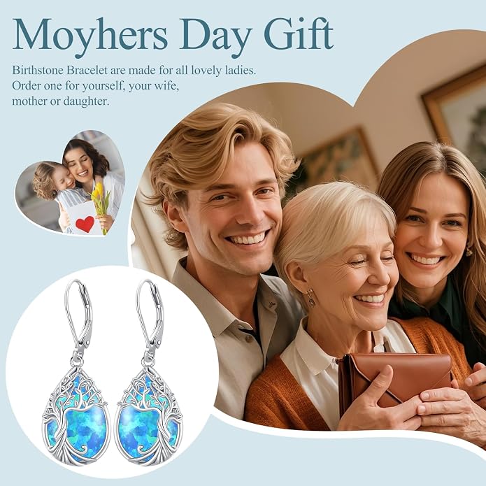 Odinstone 925 Sterling Silver Earrings Tree of Life Teardrop Moonstone Dangle Drop Leverback Earrings for Women