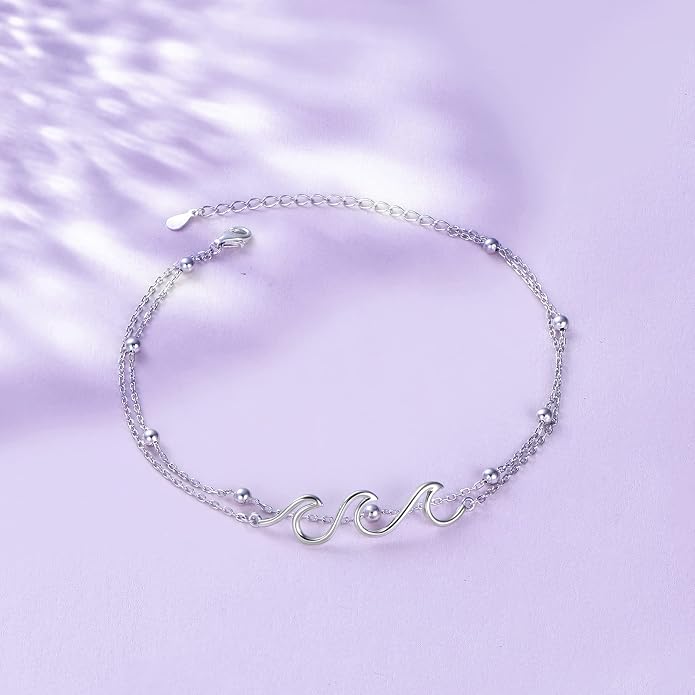 Alphm Wave Anklet for Women S925 Sterling Silver Adjustable Starfish Layered Ocean Beach Sea Ankle Foot Bracelet