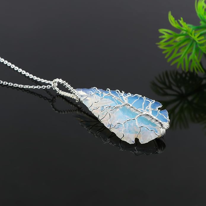 Silver Plated Wire Wrapped Pendant Necklace, Sea Glass Stones, Handmade Jewelry, Healing Crystals, Hammered Pendant, Birthday Gift for Women, Adjustable Chain 16+2inch