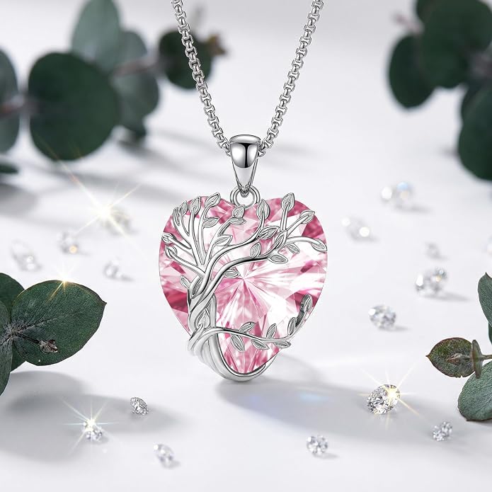 Eusense Tree of Life Necklace for Women White Gold Plated Copper Moonstone/Turquoise/Black Onyx/Crystal Birthstone Pendant Jewelry Gifts for Women Men