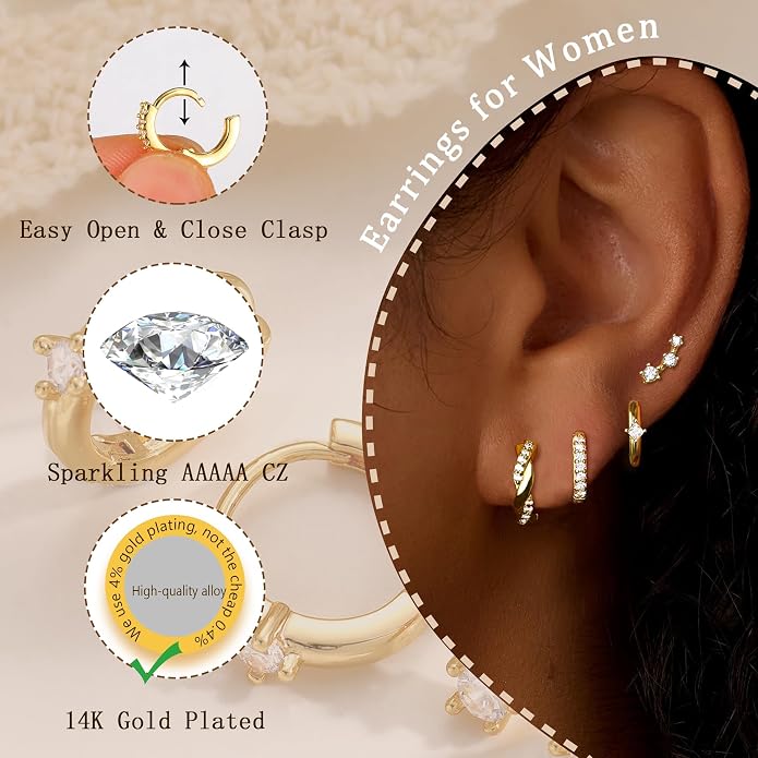 6 Pairs 14K Gold Plated Stud Earrings for Women, Hypoallergenic Cartilage Earrings for Multiple Piercing, Dainty Small Stackable Earrings Set for Jewelry Gift