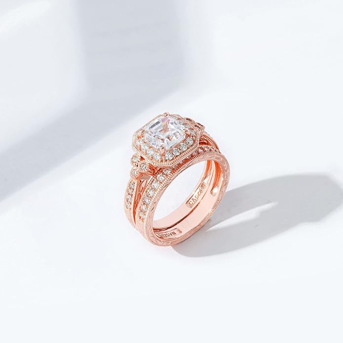Amazon Essentials Platinum or Gold Plated Sterling Silver Antique Ring set with Asscher-Cut Infinite Elements Cubic Zirconia