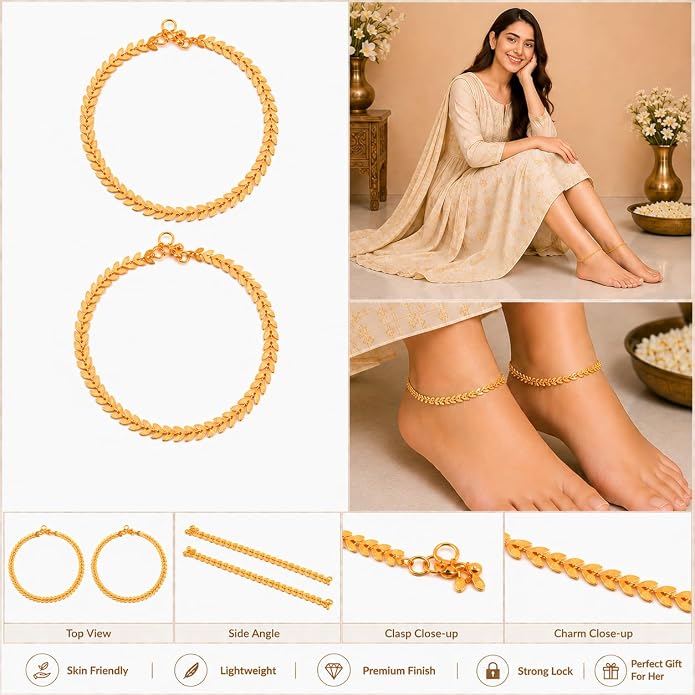 Jewar Anklet Payal Indian Traditional CZ Ad Plain Simple Handmade Natural Gold Plated Jewelry