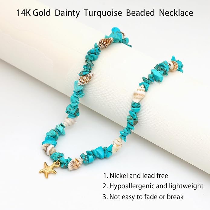 14K Gold Plated Paper Clip Chain Link Necklace Satellite Cross Key Starfish Turquoise Heart Necklace for Women