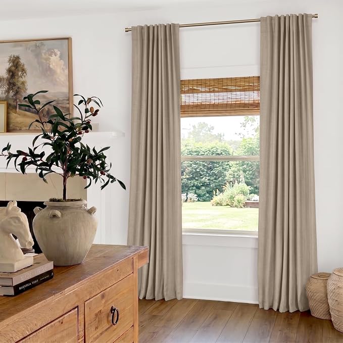 100% Blackout Shield Linen Blackout Curtains for Bedroom 108 Inches Long, Back Tab/Rod Pocket Living Room Drapes, Thermal Insulated Blackout Curtains 2 Panels Set, 50" W x 108" L,Burlywood Birch