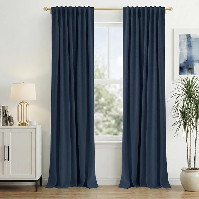 INOVADAY 100% Blackout Curtains 80 Inches Length 2 Panels Set, Back Tab/Rod Pocket Linen Black Out Curtains for Bedroom, Thermal Insulated Window Drapes - Midnight Blue, W50 X L80