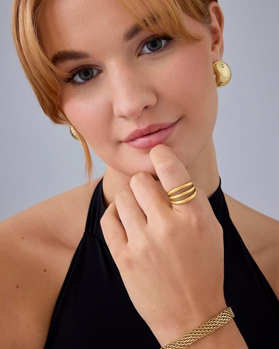 PAVOI 14K Gold Plated Chunky Curved Triple Stackable Ring for Women - Stainless Steel Three in One Statement Rings - Waterproof Thick Multi-Bands