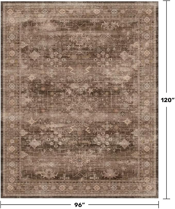 Hazo Haus Boho Taupe Brown Living Room Rug 8x10 - Modern Vintage Traditional Eclectic Oriental Neutral, Washable Low Pile Non-Slip Extra Large Area Rugs for Dining Under Table Bedroom Lounge