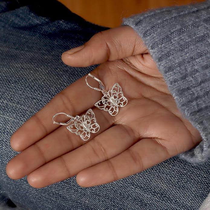Charmsy 925 Sterling Silver Filigree Earrings for Women | Lightweight Diamond-Cut Openwork Leverback Dangle Earrings | Romantic Jewelry Gifts for Women