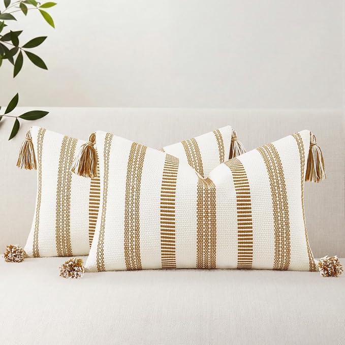 Smile Bee Boho Outdoor Couch Throw Pillow Covers Set of 2 Decorative Thick Woven Striped Accent Neutral Pillow Covers with Tassels for Bed Sofa Home Decor 12x20 Inch, Rust and Cream White | Woven Cozy Boho Decorative Modern Farmhouse Accent Pillow Case...