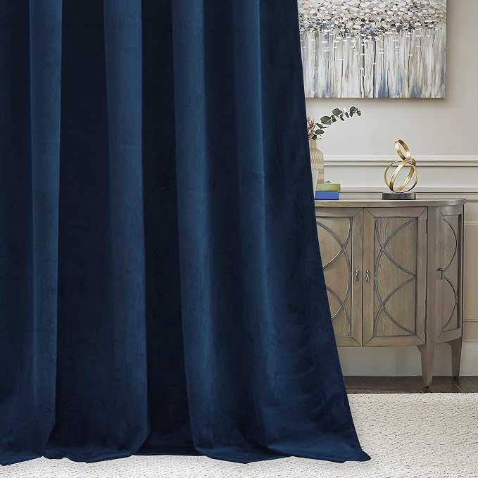 RYB HOME Velvet Curtains 90 inches Length, Back Tab & Rod Pocket Soft Fabric Curtains & Drapes for Bedroom Room Divider, Navy Blue, W 62 x L 90, 2 Panels Set