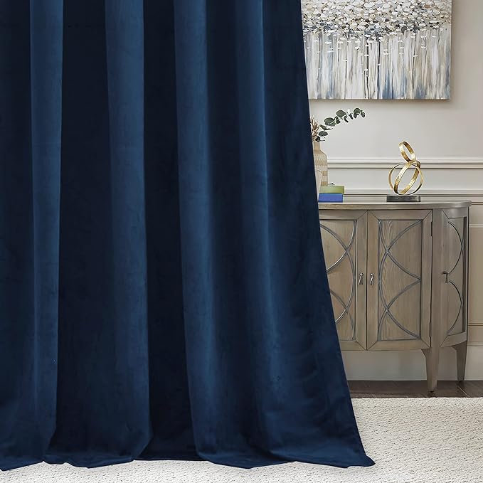 RYB HOME Velvet Curtains 63 inches Length, Back Tab & Rod Pocket Soft Fabric Curtains & Drapes for Bedroom Bathroom Cafe, Navy Blue, W 42 x L 63, 2 Panels Set