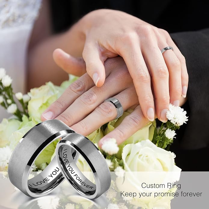 LerchPhi 8MM Black Tungsten Rings for Men, Polished Black Mens Rings with Silver Beveled Edge Mens Wedding Band