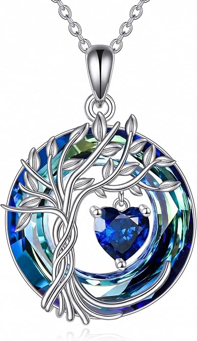 CRMAD Tree of Life Necklace Birthstone Pendant Necklaces with Crystal Anniversary Birthday Wedding Jewelry for Mom Her Wife Sister