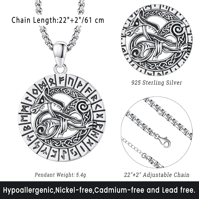 Eusense Viking Necklace for Men Women 925 Sterling Silver Pendant Thors Hammer/Norse Runes/Odin's Ravens/Wolf/Dragon/Snake/Yggdrasil/Freya/Helm of Awe/Valknut/Triskelion/Axe/Shield Viking Jewelry