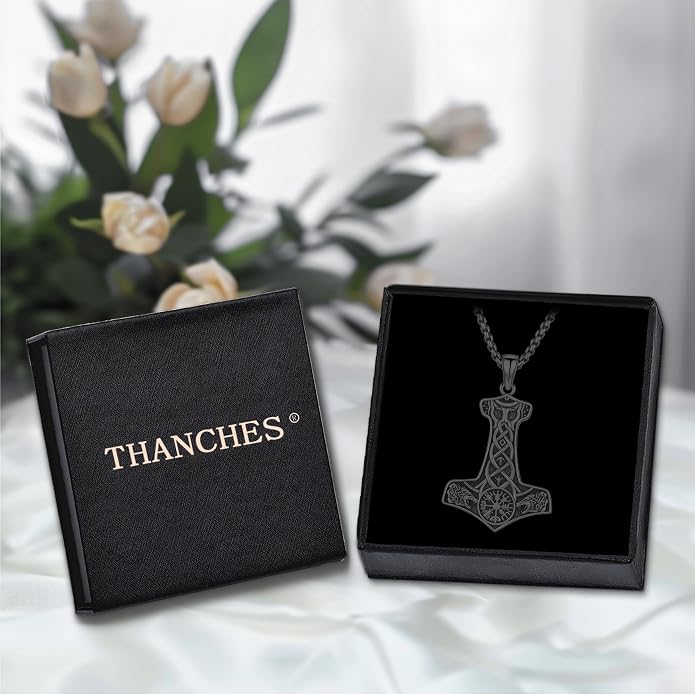 Viking Thor's Hammer Necklace for Men Women, S925 Sterling Silver Vintage Norse Talisman Mjolnir Necklace Amulet Pendant Jewelry Gifts with Sturdy Box Chain