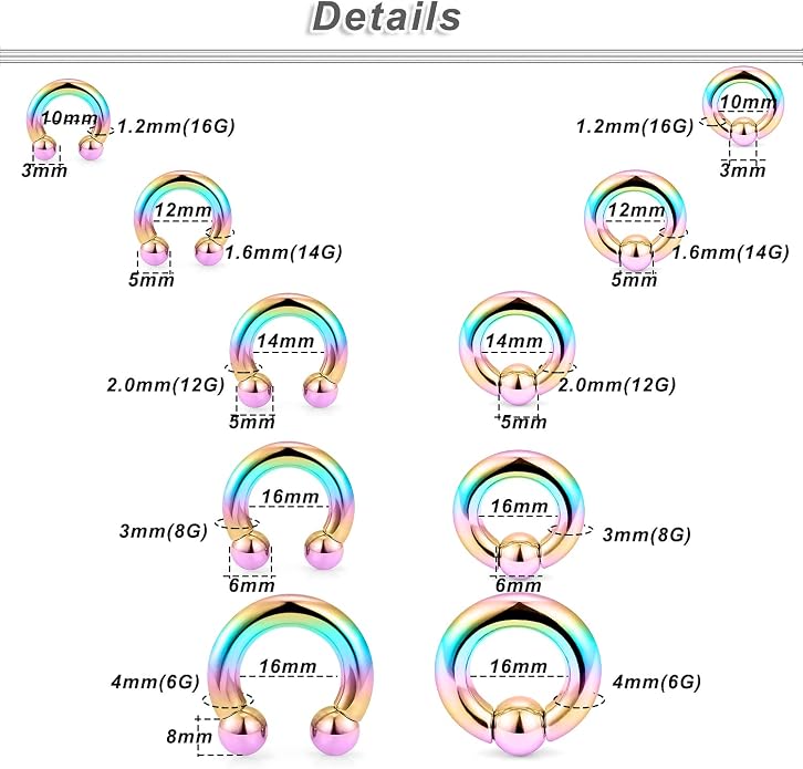 6G 8G 12G 14G 16G PA Ring Horseshoe CBR Circular Barbell 316L Surgical Steel Internally Threaded Pierced Body Jewelry for Women Inner Diameter:10mm 12mm 14mm 16mm