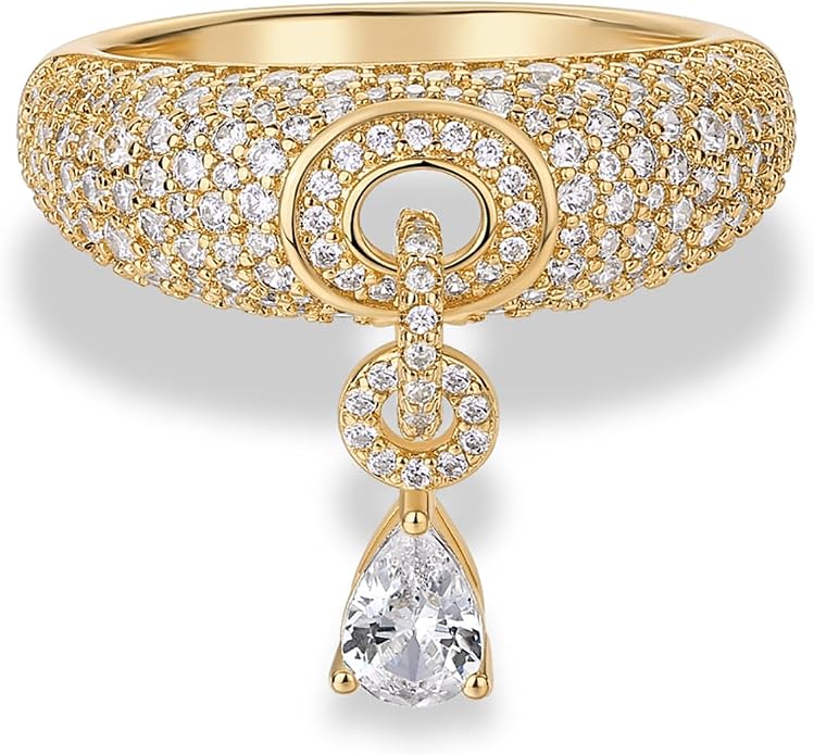 PAVOI 14K Gold Plated Dangle Wedding Ring for Women - Chunky Statement Gold Wedding Bands for Women with Cubic Zirconia - Bold Fashion Trendy Bridal Jewelry Gift