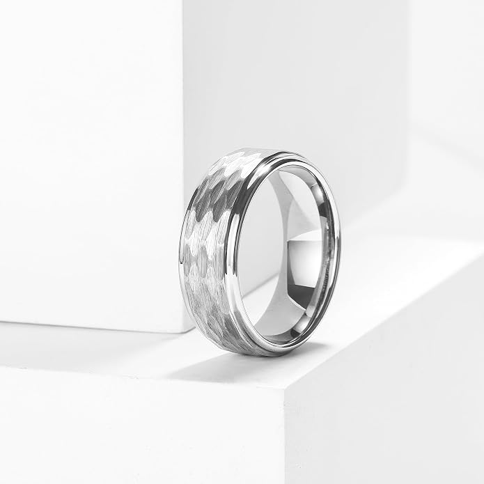 King Will Hammered 8mm Silver Tungsten Ring Hammer Men Wedding Band Comfort Fit