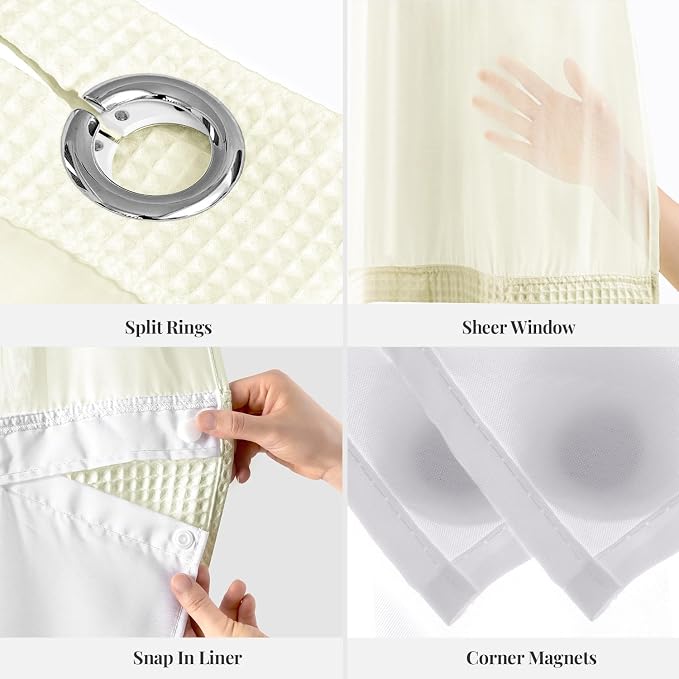 River Dream Cotton Blend Fabric Shower Curtain Set with Liner, Cream, 71x86 | Waffle Weave, No Hook Needed, with Snap in Replacement Liner, Top Sheer Window, Hotel Quality for Bathroom, Extra Long