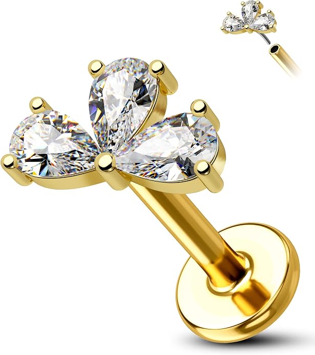 Cocharm 14K Solid Gold Cartilage Earring - 16g Flower Yellow Gold Flat Back Helix Stud, 14K Gold Push in Tragus Earring, Threadless Conch Stud