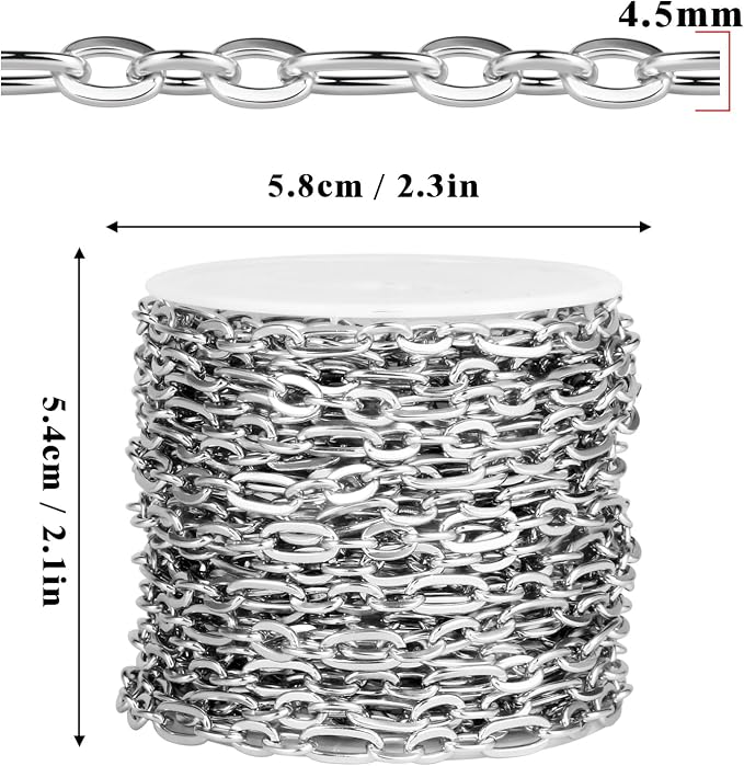 33FT Stainless Steel Paperclip Jewelry Chain Roll, 4.5MM Long and Short Link Chains Spool Bulk for DIY Jewelry Making Necklace Bracelet