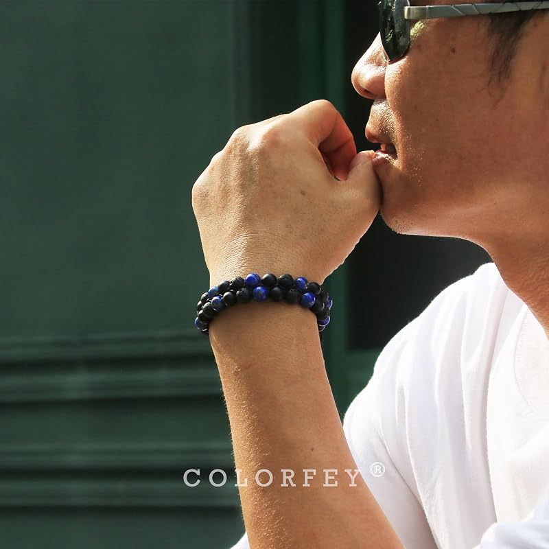 Mens Beaded Bracelets Handmade Gifts for Men, Genuine Triple Protection Men Stone Bracelet Lapis Lazuli Lava Onyx Beads Bracelet, Handcrafted 2Row Mens Masculine Beads Bracelest Father Gifts