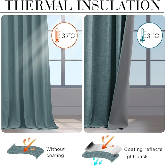 RYB HOME 100% Blackout Linen Textured Curtains 108 inches Long, Thermal Insulating Privacy Energy Saving for Bedroom Living Room Window Office Theater Baby Nursery, W 52 x L 108 in, Misty Blue, 2 Pcs